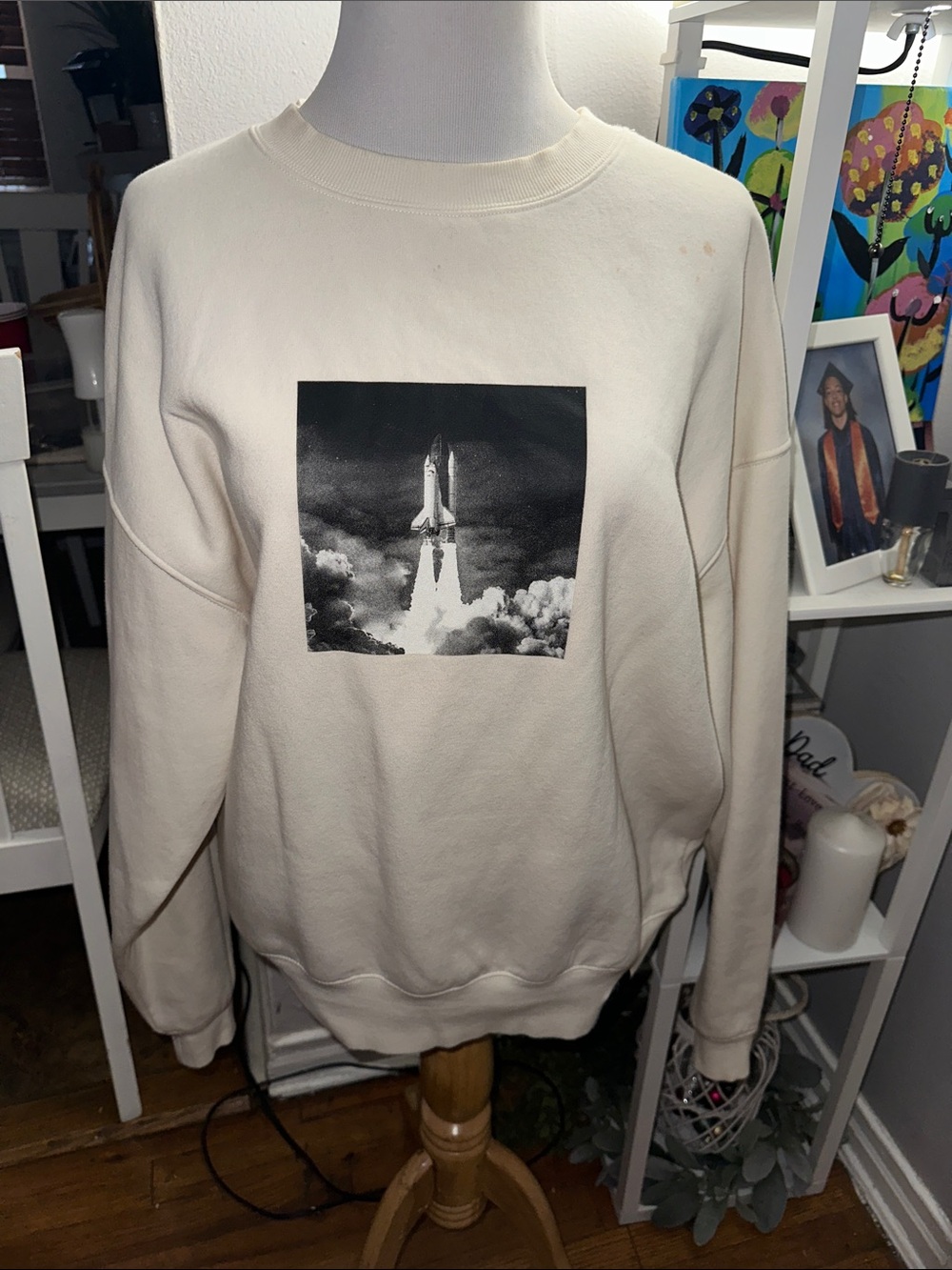 H&M Cream Crewneck Sweatshirt with Black Rocket Graphic